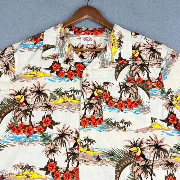 Barefoot In Paradise Shirt Adult Medium Floral Toucan Hawaiian Camp Tropical Men - Picture 3 of 12
